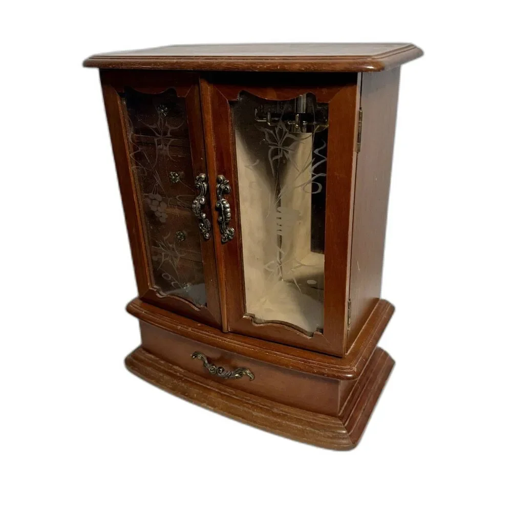 Vintage Jewelry Wood Music Box Etched Floral Glass Doors Mirror 5"x10"x12" - Picture 2 of 8